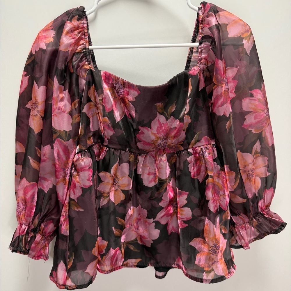 Thirty Thirty LA RESIDENTS Floral Babydoll Puff Sleeve Cropped Blouse Size XL